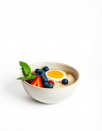 Oatmeal porridge with blueberries and strawberries in a bowl on a white background