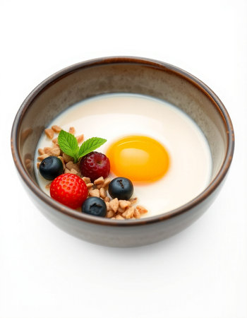 Healthy breakfast with oatmeal, berries and egg on white background