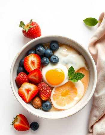 Breakfast with yogurt, berries and eggs on white background, top viewの写真素材