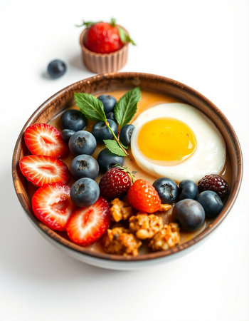 Breakfast bowl with omelette, fresh berries and granolaの写真素材