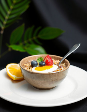 Muesli with berries and egg in a bowl on a black background