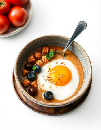 Breakfast with berries and nuts on white background