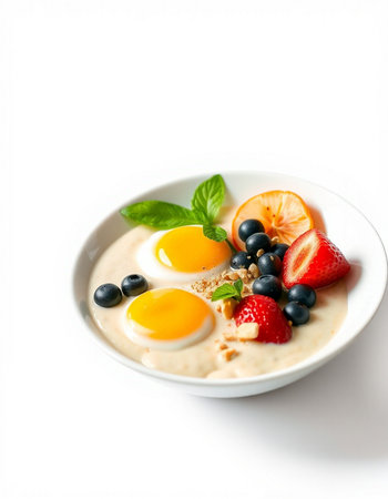 Healthy breakfast with oatmeal, berries and eggs on white background
