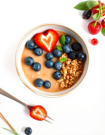 Healthy breakfast bowl with muesli and fresh berries on white background