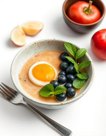 Tomato soup with egg, blueberries and mint on white background