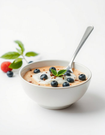 Mousse with blueberries and mint in a bowl on a white backgroundの写真素材
