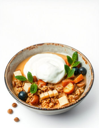 bowl of oatmeal with fruit and yoghurt on white background