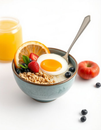 Breakfast with oatmeal, orange juice and fruits on white background
