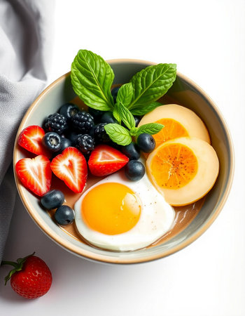 Fried eggs with fresh berries in a bowl on a white background