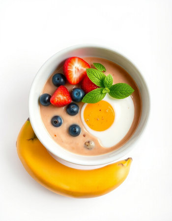 Yogurt with omelet and fresh berries on white backgroundの写真素材