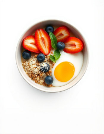 Healthy breakfast with oatmeal, fresh berries and egg on white background