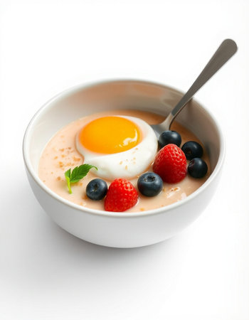 Healthy breakfast with omelet and fresh berries on white background