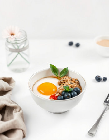 Healthy breakfast. Oatmeal porridge with blueberry and cherry in a white bowl on a white background.