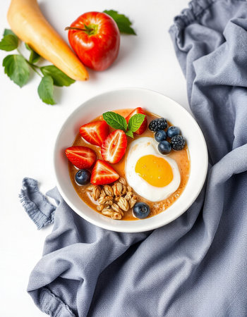 Healthy breakfast bowl with oatmeal, berries and fried egg on white background
