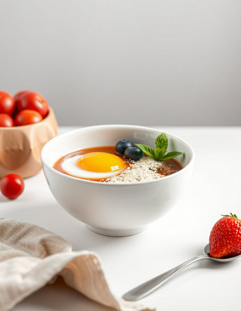 Breakfast with egg yolk and berries on a white background