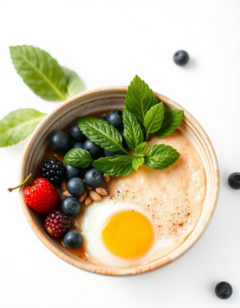 Healthy breakfast. Oatmeal porridge with berries, mint and egg on white background