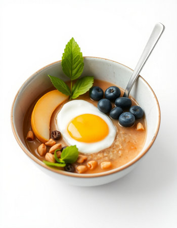 Bowl of porridge with egg and blueberries on white background