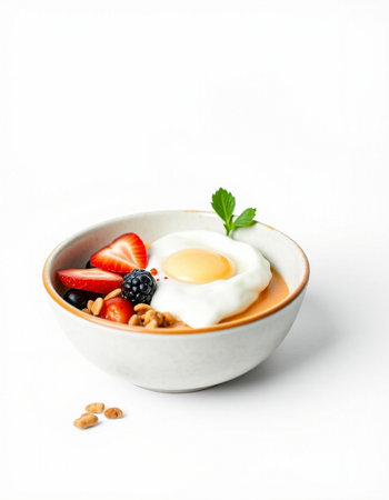 Bowl of breakfast with yogurt, strawberries, blueberries and nuts