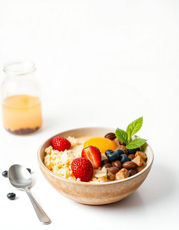 Healthy breakfast with oatmeal, berries on white background
