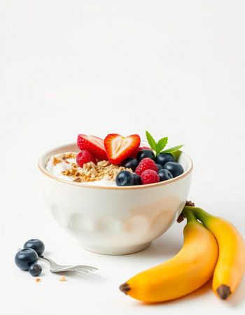 Healthy breakfast with muesli and fresh berries on white background