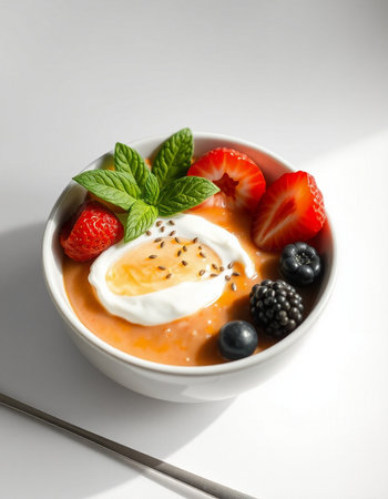 Healthy breakfast bowl with yogurt, strawberries, blueberries and mint
