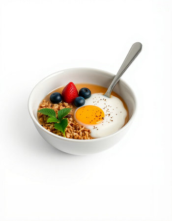Bowl of oatmeal with fresh berries and yogurt on white backgroundの写真素材