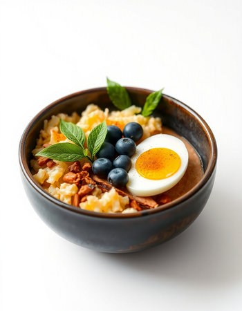 Millet porridge with blueberries and egg in a ceramic bowl