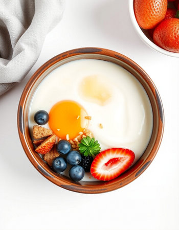 Bowl of yoghurt with fruits and berries on white backgroundの写真素材