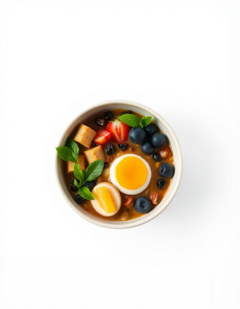 Top view of a bowl of oatmeal porridge garnished with blueberries, strawberries.