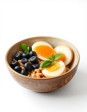Bowl of oatmeal with eggs and blueberries on white background
