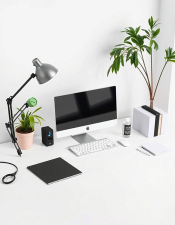Workplace with computer, stationery and plants. 3d renderingの写真素材