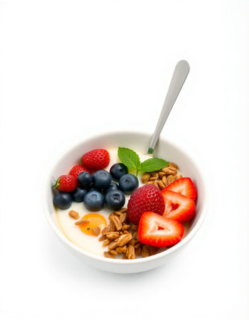 yogurt with fresh berries and nuts isolated on a white background