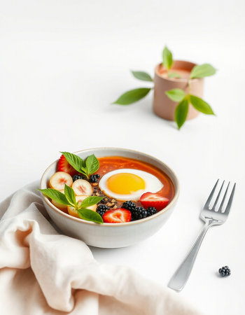 Strawberry and egg in a bowl on a white background.