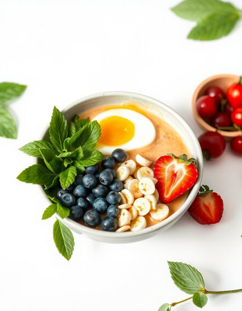 Healthy breakfast bowl with oatmeal, fresh berries and egg on white background