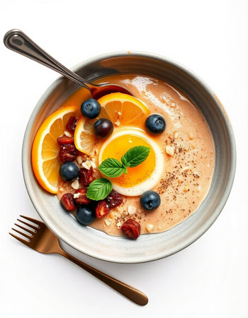 Healthy breakfast bowl with oatmeal, fruit and nuts on white background