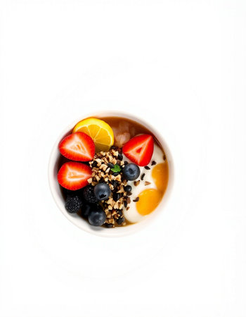 Muesli with berries in a bowl isolated on white background.