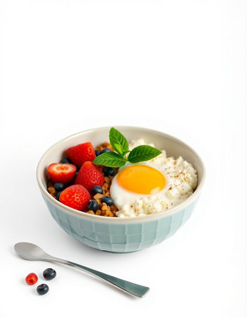 Healthy breakfast with oatmeal, berries and egg on white backgroundの写真素材