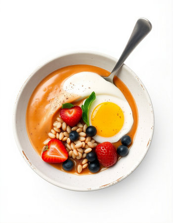 Breakfast with omelet, strawberries and white beans on white background