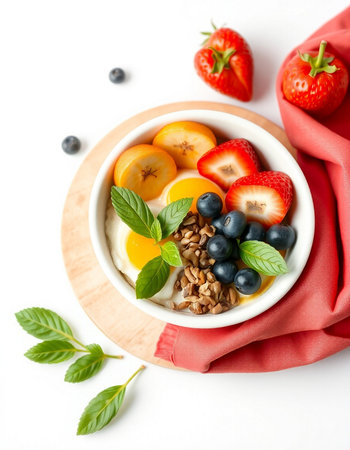 Bowl with oatmeal and berries on white background, closeup