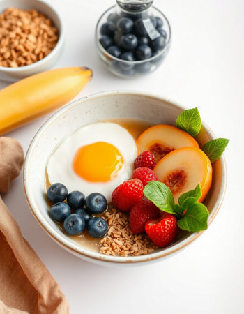 Healthy breakfast bowl with oatmeal, fruits, berries and egg on white background