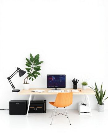 Modern workspace with computer, chair and office supplies. 3d render