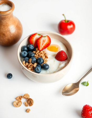 Healthy breakfast with yogurt, berries and granola on white background