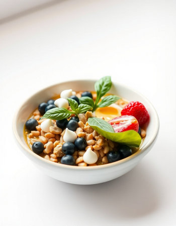 Healthy breakfast bowl with oatmeal, blueberries, and strawberries