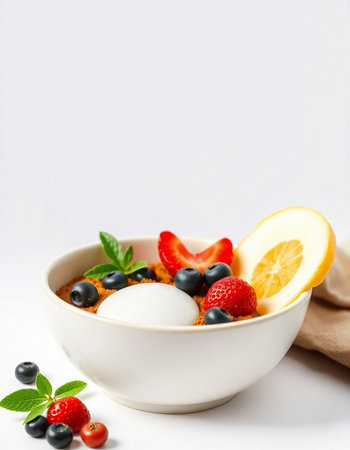 Bowl of oatmeal with fresh berries and lemon on white background