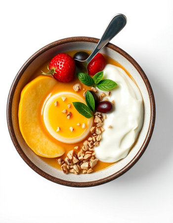 Mango yogurt with granola and fresh berries in bowl, top view