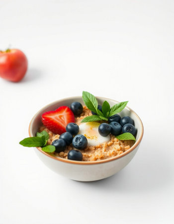 Oatmeal porridge with blueberries and strawberries in a bowl on a white backgroundの写真素材