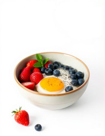 Breakfast with omelet, strawberries and blueberries on white background