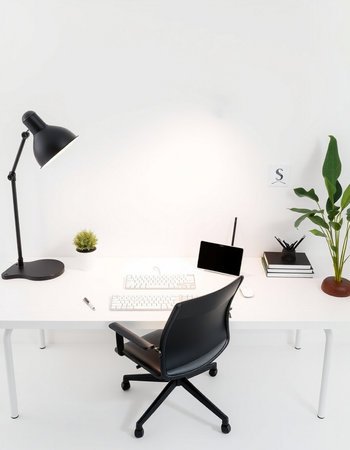 Workplace with a computer and a lamp. 3d rendering.の写真素材