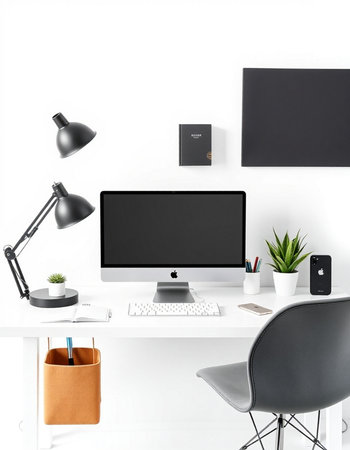 workplace with computer, lamp and stationery isolated on white background