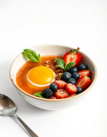 Bowl of smoothie with fresh berries and egg on white background